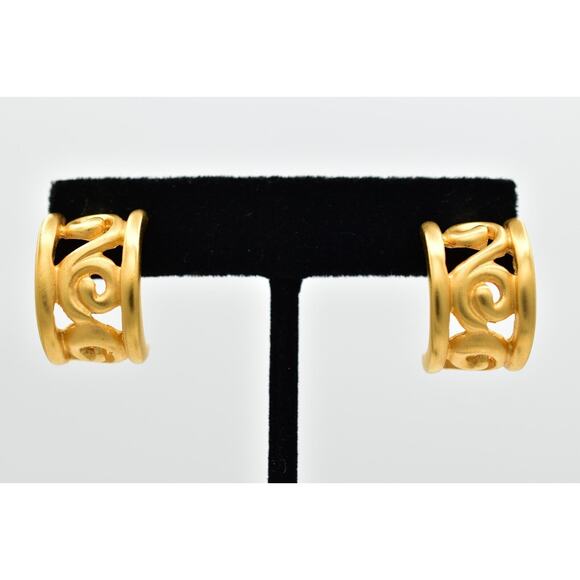Givenchy Vintage Hoop Earrings Brushed Gold Chunky Swirl Matte Signed 1980s 9I - Picture 1 of 12